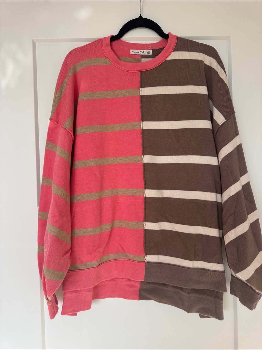 Colorblock Stripe Crewneck Sweater - Pink & Brown